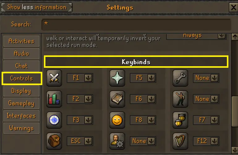 OSRS keybinds panel — set F9/F10/F11 to None